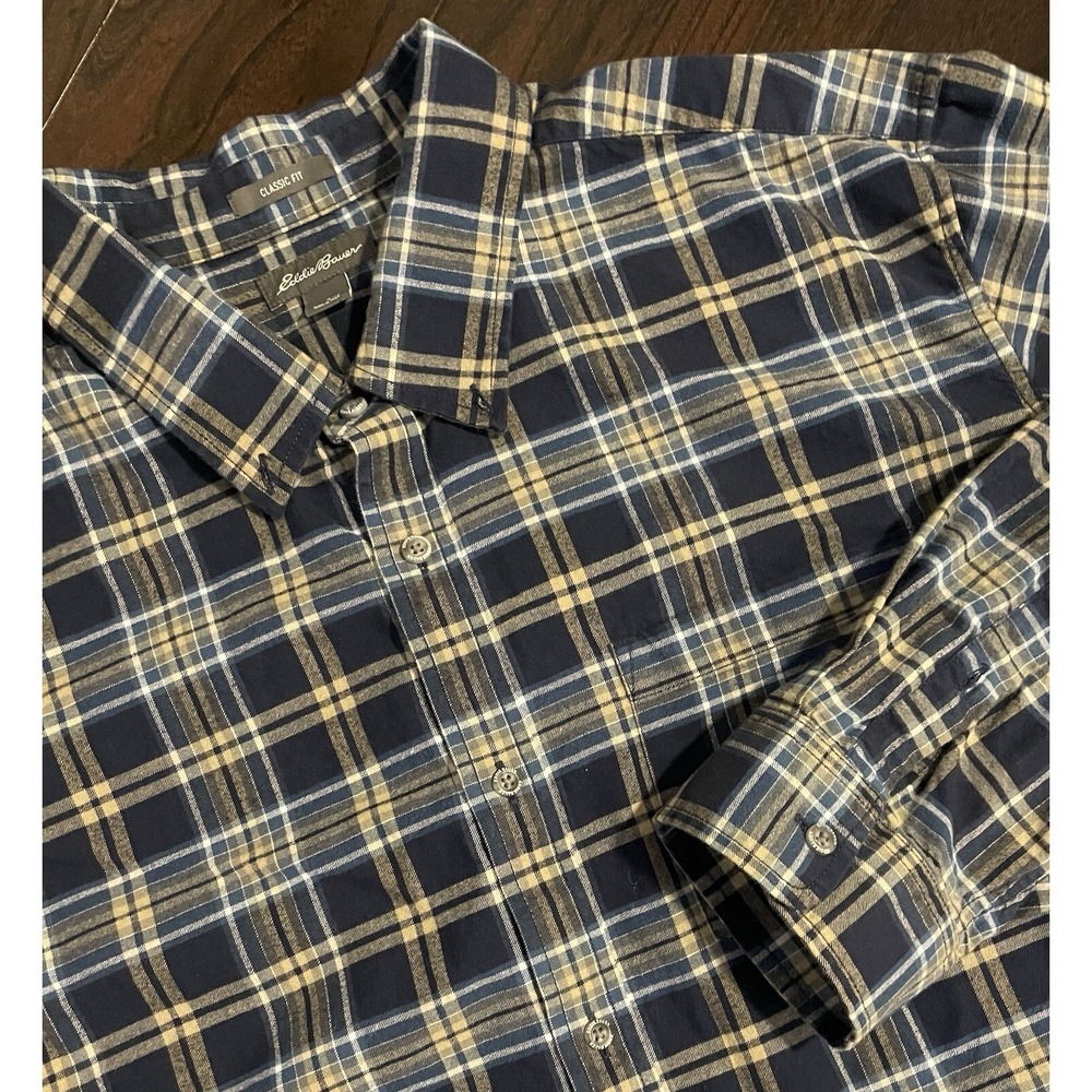 Eddie Bauer Button Down Shirt Mens 2XL Navy Blue Tan Plaid Classic Fit Outdoorsy